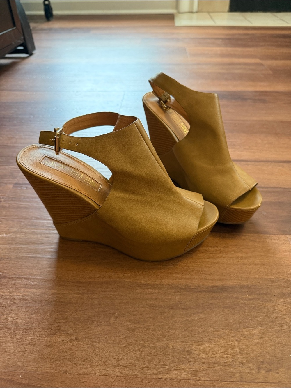 Leila Stone Mustard Tan Peep-Toe Wedge Sandals